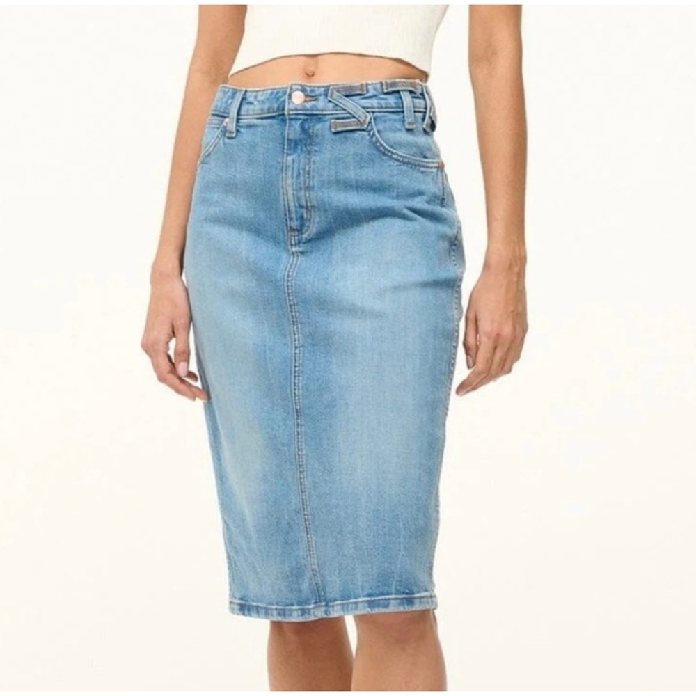 NWT Wrangler x Staud Denim Pencil Skirt Light Wash Midi Womens Size 27